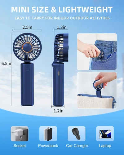 Vista 7 de Ventilador de mano portátil, mini ventilador de escritorio plegable de 2000 mAh, rotación de 180°, 3 velocidades, ultra silencioso, hasta 8 horas