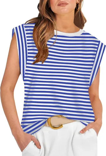 Vista 27 de WIHOLL Camisetas de mangas casquillo para mujer, camisetas básicas de verano, camisetas informales sin mangas, ajuste holgado, a la moda D - Raya