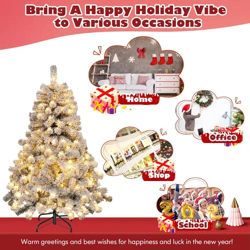 Vista 4 de DORTALA - Árbol de Navidad artificial preiluminado con copos, de 4.5 pies, con 150 luces LED blancas cálidas, 295 puntas de ramas, soporte metálico