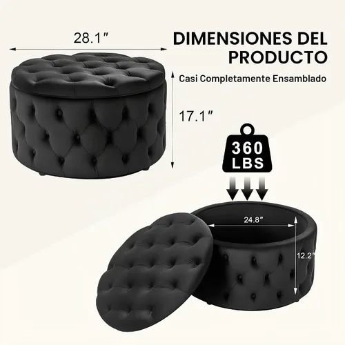 Vista 2 de Homebeez Otomana de Almacenamiento Redonda de Terciopelo de 28 Pulgadas, Taburete Reposapiés con Capitoné de Botones Mesa de Centro para Sala