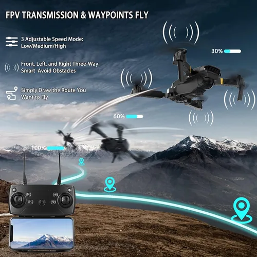 Vista 3 de Drones con cámara para adultos 1080P Mini Drone con cámara Drones plegables para adultos RC Quadcopter, retención de altitud, despegue con una
