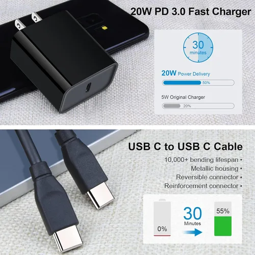 Vista 2 de Cargador tipo C de carga rápida, paquete de 20 W, bloque de cargador súper rápido para teléfono Android con cable USB C a C de 6 pies para Samsung