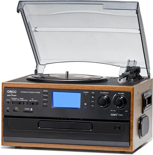 Vista 9 de ORCC Tocadiscos 10 en 1, tocadiscos nostálgicos para discos de vinilo con Bluetooth, 2 altavoces integrados, CD, cassette, radio AM/FM, USB, ranura