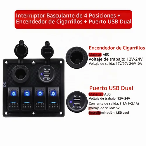 Vista 2 de Panel FXC impermeable, con ranura de doble puerto USB, fusibles de 4.2 A, visualización digital de voltaje, toma de encendedor y 4, 6 u 8 tipos