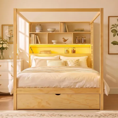 Vista 32 de Cama de plataforma con dosel de 4 pósteres de tamaño matrimonial con cabecero de listones verticales Negro-8.1