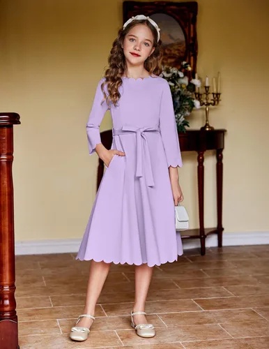 Vista 9 de Arshiner Vestido de fiesta para niñas con ribete festoneado, cinturón, acampanado, formal, por debajo de la rodilla, con bolsillos, para 6-15 años