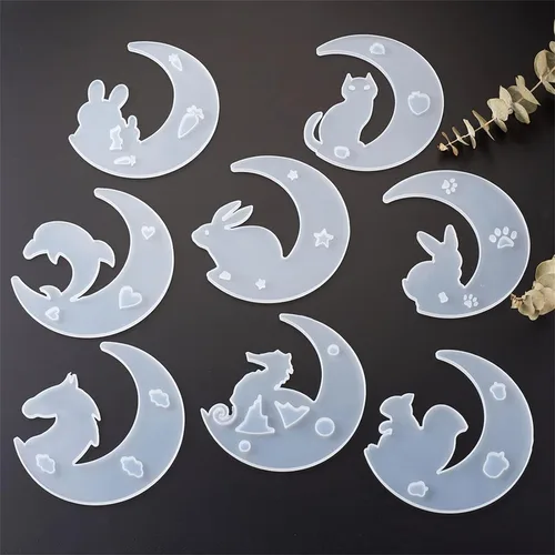 Vista 2 de Craftdady 8 moldes de silicona de luna creciente para animales, conejo, delfín, gato, ardilla, caballo, caballito de mar, moldes de fundición