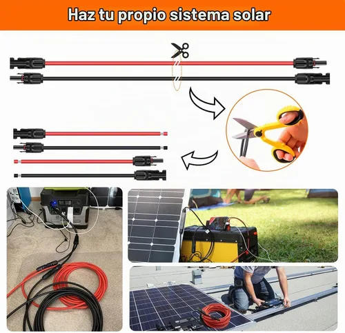 Vista 2 de Cable de extensión solar 10AWG de 10 pies rojo y negro, ambos extremos con conectores solares universales Plug & Play Cable fotovoltaico
