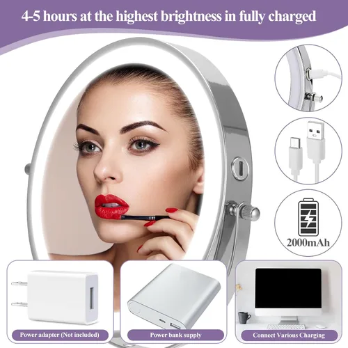 Vista 5 de 8" Makeup Mirror with Lights, 1X/10X Lighted Vanity Mirror with Magnification, 3 Color Adjustable Brightness, 360° Rotating Dual-Side, USB