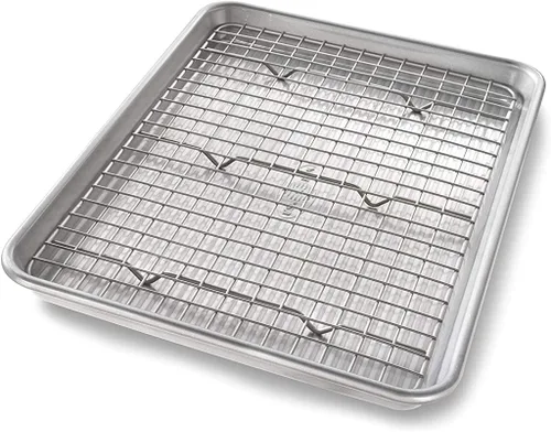 Vista 11 de Utensilio para horno lámina cuadrante USA Pan, lámina para hornear y juego de rejilla para enfriamiento antiadherente, metálico , set hojas/estante