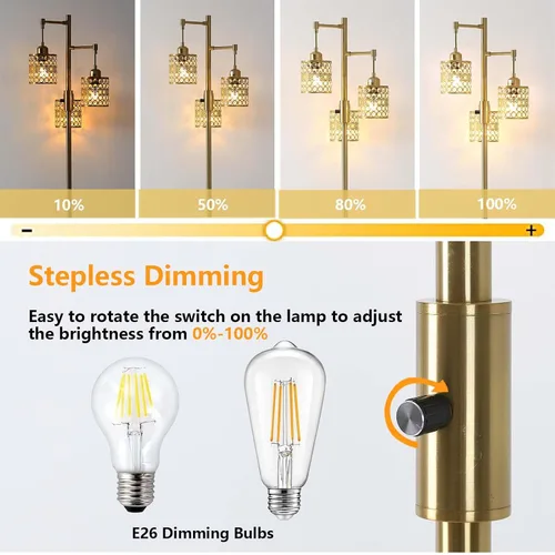Vista 4 de Lámpara de pie industrial, lámpara de pie regulable, lámpara de árbol dorado, lámpara de pie con 3 elegantes pantallas de cristal para sala