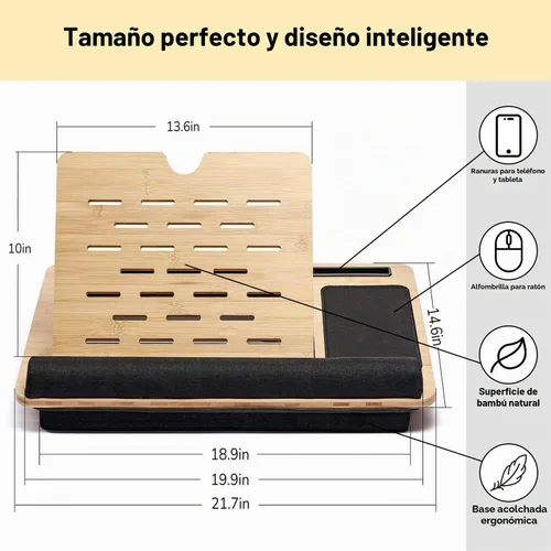 Vista 2 de Soporte plegable de madera para laptop para escritorio – Lapdesk ajustable y portátil con almohadilla – Elevador de laptop ergonómico de madera