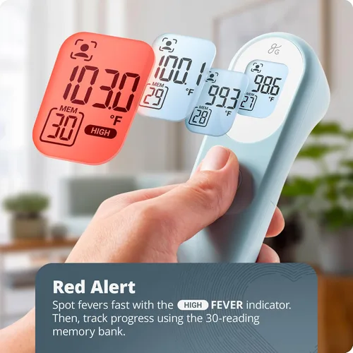 Vista 4 de Greater Goods Termómetro digital infrarrojo sin contacto para adultos, niños y bebés, termómetro de frente con agarre ergonómico, alarma de fiebre