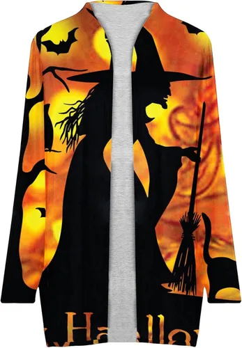 Vista 5 de symoid Disfraces de Halloween para mujer, estampado de araña gótica, manga larga, frente abierto, cárdigan de tela de araña, trajes de vacaciones