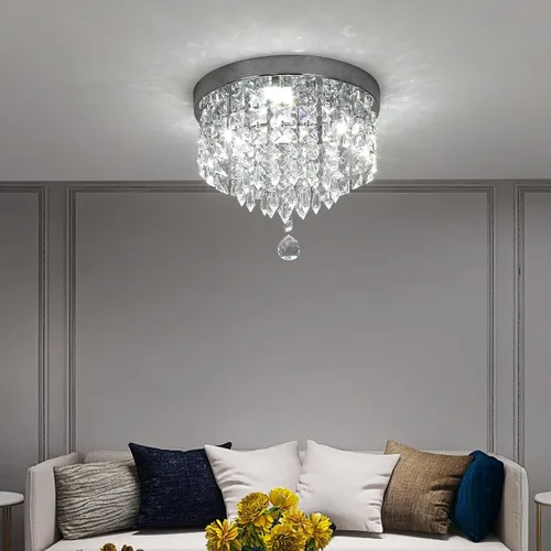 Vista 6 de Deckrico Candelabro de cristal moderno LED para techo, montaje empotrado, de acero inoxidable, pantalla de luz con cuentas para dormitorio, comedor