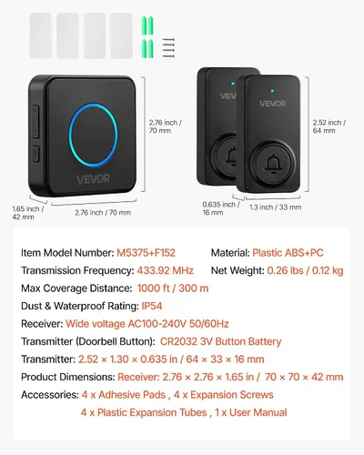 Vista 7 de VEVOR Kit de timbre inalámbrico, IP54 resistente al agua con rangos de hasta 1000 pies, 5 volúmenes ajustables, 48 tonos de llamada, fácil