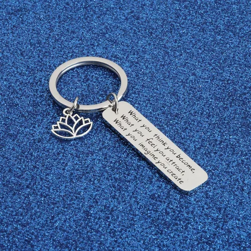 Vista 3 de WUSUANED Regalos budistas con citas espirituales, llavero con tarjeta, con texto en inglés "What You Think You Become Buddha", joyería inspiradora