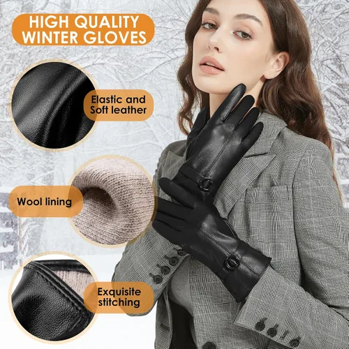 Vista 2 de Guantes de cuero de invierno para mujer, con pantalla táctil, guantes cálidos de piel de cordero