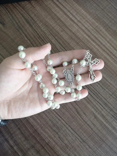 Vista 5 de Collar de rosario con cuentas de perlas católicas, medalla milagrosa y rosario de cruz para mujer