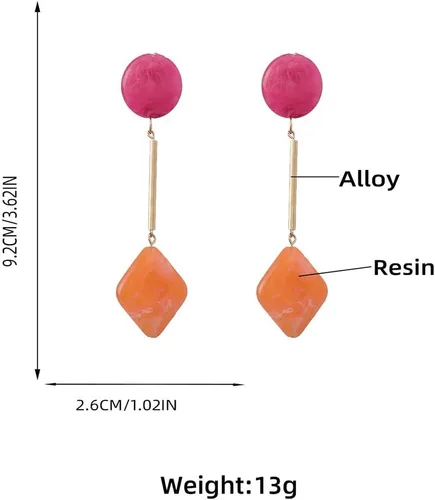 Vista 2 de Aretes geométricos acrílicos redondos cuadrados de resina, aretes ligeros de gota de acetato de resina, aretes de aro colgantes de borla larga