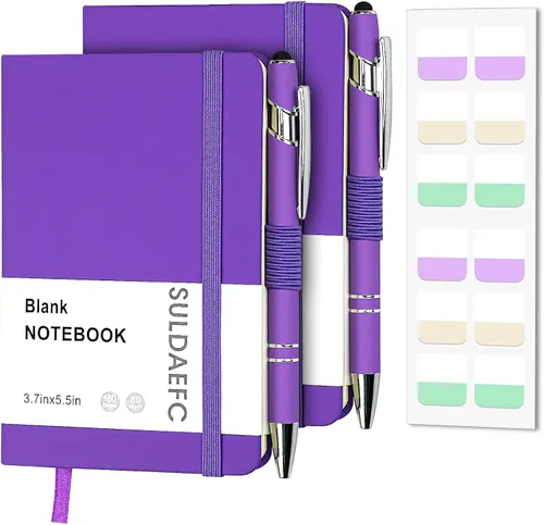 Vista 12 de Paquete de 2 cuadernos de bolsillo rayados con bolígrafo, cuaderno de tapa dura A6, mini bloc de notas de 3.7 x 5.5 pulgadas, papel grueso de 3.53