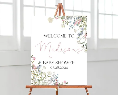 Vista 18 de Letrero de bienvenida personalizado de flores silvestres para baby shower, letrero floral bohemio para baby shower, letrero con nombre personalizado