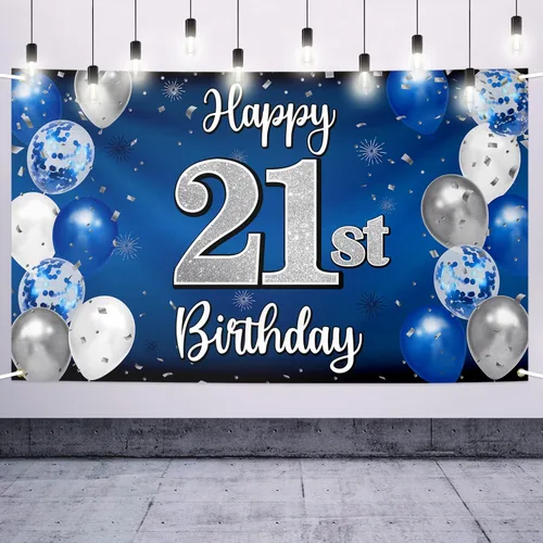 Vista 49 de Decoración de feliz cumpleaños número 100, globo azul y plateado grande cartel de fondo de cumpleaños de 100 años - Suministros para fiesta