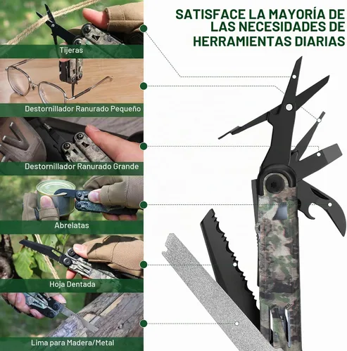 Vista 6 de FLISSA Multiherramienta, cuchillo de bolsillo multiherramienta 15 en 1 con funda, alicates multiherramienta EDC de acero inoxidable para hombres