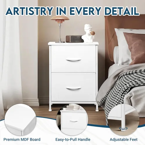 Vista 4 de LOFTEY Mesita de noche blanca, mesita de noche con 2 cajones de tela, mesita de noche para niños pequeños para dormitorio, mesa auxiliar de cama