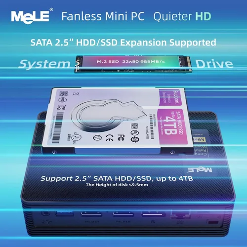 Vista 6 de MeLE QuieterHD3 N150 Mini PC sin ventilador 8 GB RAM DDR4 256 GB de grado