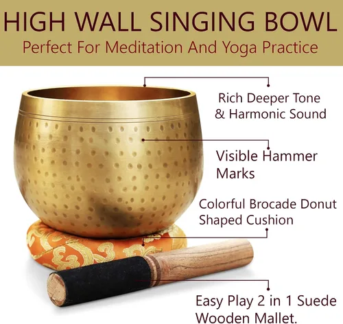 Vista 5 de DharmaObjects - Juego de cojín, mazo y cuenco tibetano cantor de meditación con anillo gong (Jumbo)