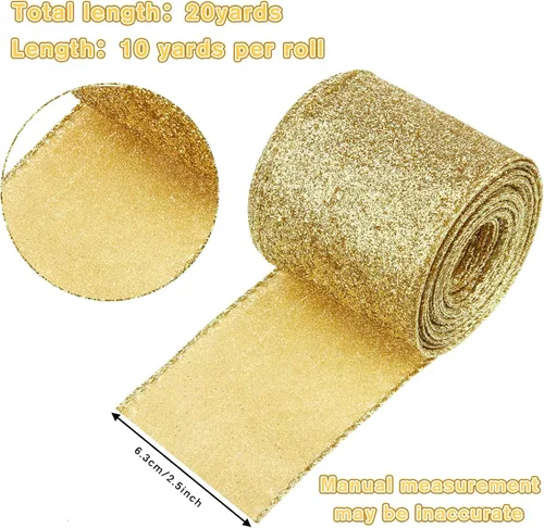 Vista 2 de 2 rollos de cinta de Navidad de 20 yardas con purpurina metálica con borde de alambre, cintas decorativas de tela para envolver fiestas, decoración
