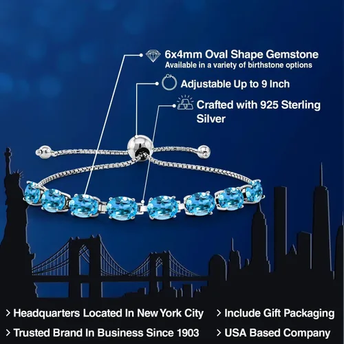 Vista 214 de Gem Stone King Pulsera de plata de ley 925 con piedra natal ovalada de 0.276 x 0.197 in para mujer, totalmente ajustable hasta 9 pulgadas