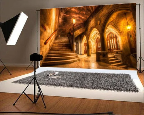 Vista 5 de AOFOTO Telón de fondo interior de castillo medieval vintage de 5 x 3 pies, columnas de arco retro, fondo de fotografía, escalera antigua, luz tenue