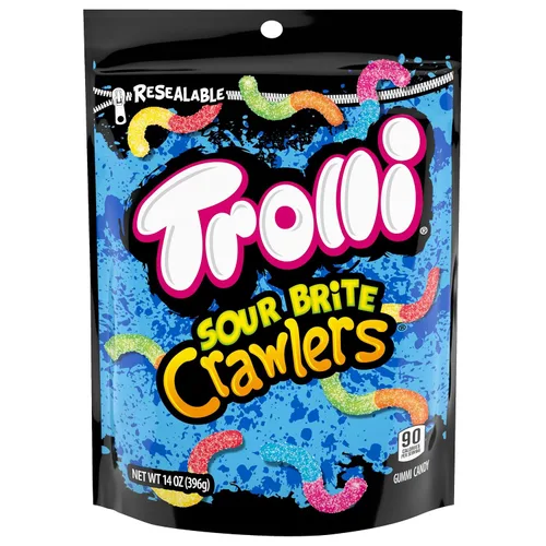 Vista 2 de Trolli Sour Brite Crawlers, dulces, cereza-limón, fresa-uva y naranja-lima, dulce y agrio, gusanos de goma, 14 oz