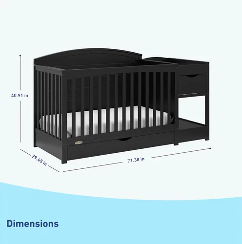 Vista 2 de Graco Bellwood - Cuna convertible 5 en 1 y cambiador con cajón (negro) - Certificado GREENGUARD Gold, cajón de almacenamiento de tamaño completo, se