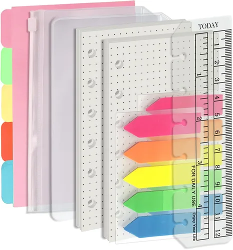 Vista 11 de Harphia A5 - Juego de 6 agujeros de relleno de carpeta, 90 hojas sueltas en blanco liso con calcomanías y divisores, insertos de planificador