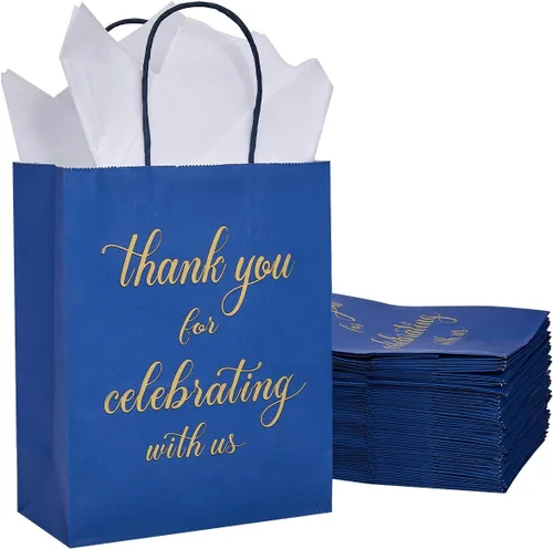 Vista 6 de DjinnGlory Paquete de 50 bolsas de regalo de papel de bienvenida de tamaño mediano color azul marino de 10 x 8 x 4 pulgadas, bolsas