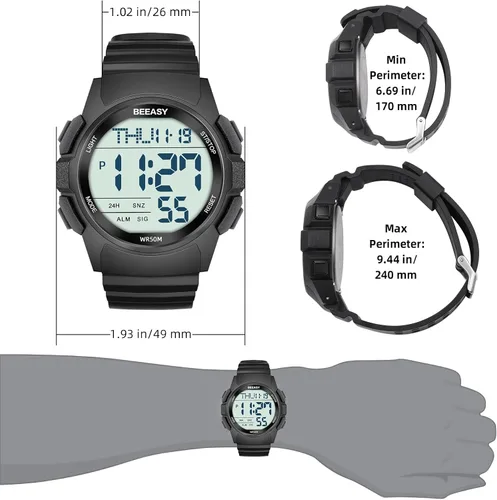Vista 7 de Beeasy Reloj deportivo digital para hombre, reloj impermeable con cronómetro, temporizador de cuenta regresiva, función de alarma, correa de goma