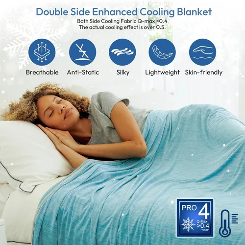 Vista 2 de NANPIPER Manta refrescante tamaño Queen para personas que duermen con calor, manta de cama de verano ligera y fría de doble cara, color azul aire
