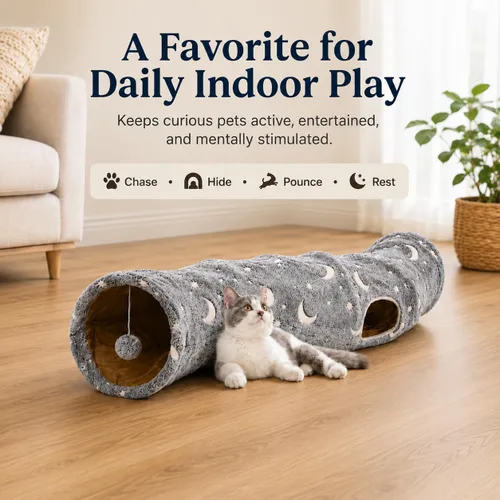 Vista 6 de Túnel Tubo para Gatos con Juguetes de Pelotas de Felpa Plegable Auto-Luminoso Fotoluminiscencia, para Mascotas Pequeñas Conejitos Conejos, Gatitos