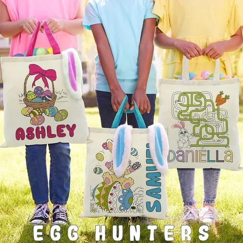 Vista 2 de Bolsas de Pascua personalizadas, regalo para niños con nombre, 3 asas de colores y 6 diseños, bolsas de regalo personalizadas de conejito colorido