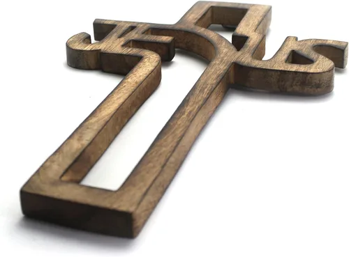 Vista 8 de Crucifijo de pared de madera hecho a mano con tallas a mano, cruz para regalos de bautismo, adorno colgante para decoración de pared e iglesia