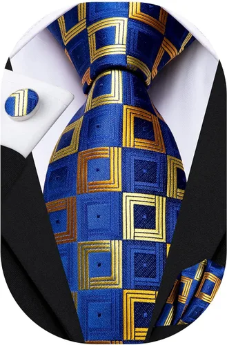 Vista 283 de Hi-Tie Corbata clásica de cachemira para hombre con pañuelo y gemelos a cuadros