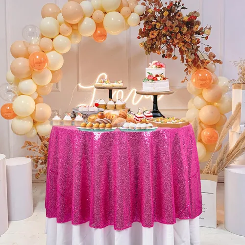Vista 9 de ShinyBeauty Mantel de lentejuelas rosa intenso, superposición redonda brillante de 120 pulgadas para decoración de bodas, fiestas de cumpleaños