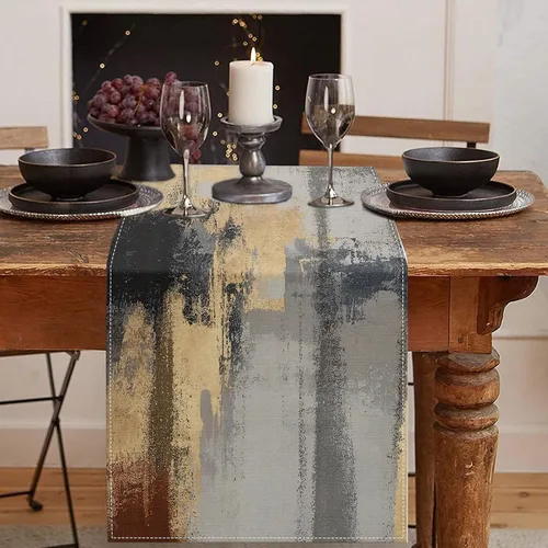 Vista 17 de Emvency - Camino de mesa de estilo granja, pintura de arte abstracto vintage en azul y gris para mesa de cocina, cenas familiares, fiestas, bodas