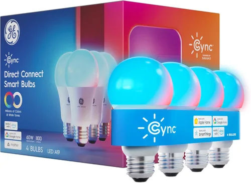Vista 6 de Bombilla LED Cync GE A19 de conexión directa, luz inteligente que cambia de color, compatible con Matter, compatible con Alexa y Google Home