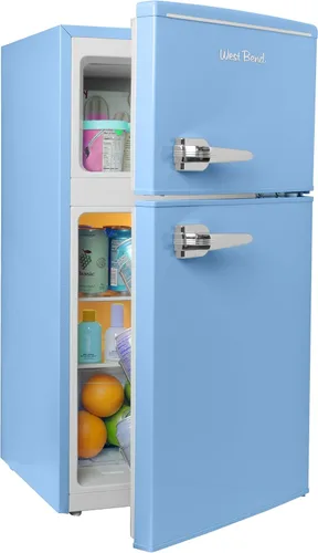Vista 10 de West Bend - Mini refrigerador con congelador para dormitorio, oficina, bar o dormitorio, refrigerador compacto retro con estantes de vidrio Negro