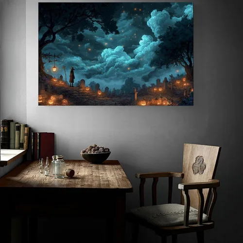 Vista 7 de JDBeehpy Spooky Halloween Cemetery Scene Wall Art Jack - O' - Lanterns Poster Mysterious Night Sky Frame Canvas Print PaintingCreepy Decor Mural