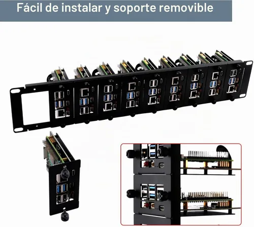 Vista 3 de GeeekPi Soporte de rack de 2U de 19 pulgadas para Raspberry Pi 5, con 10 adaptadores PCIe a M.2 NVMe SSD, compatible con rack de servidores de 19